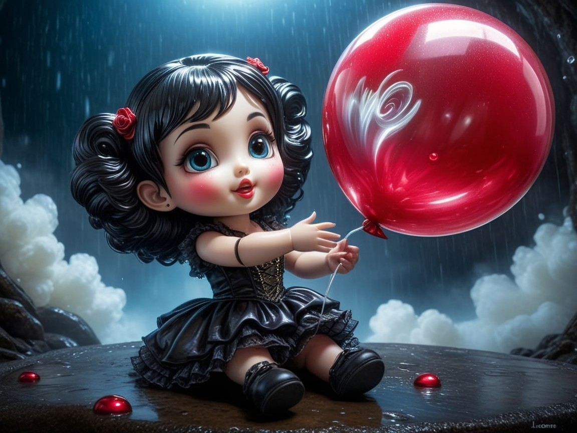 Charming Doll with Blue Eyes and Red Balloon in Rain