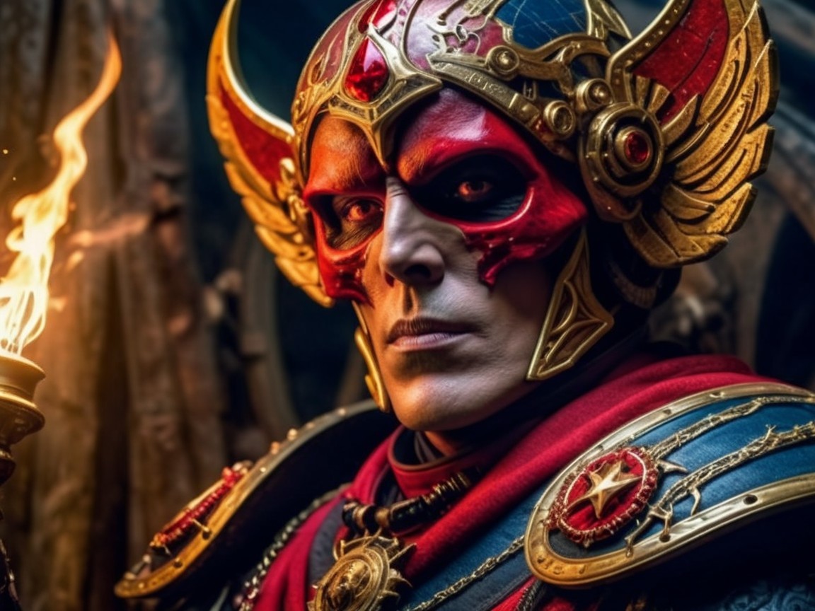 Fantasy Character in Elaborate Armor with Mask and Torch