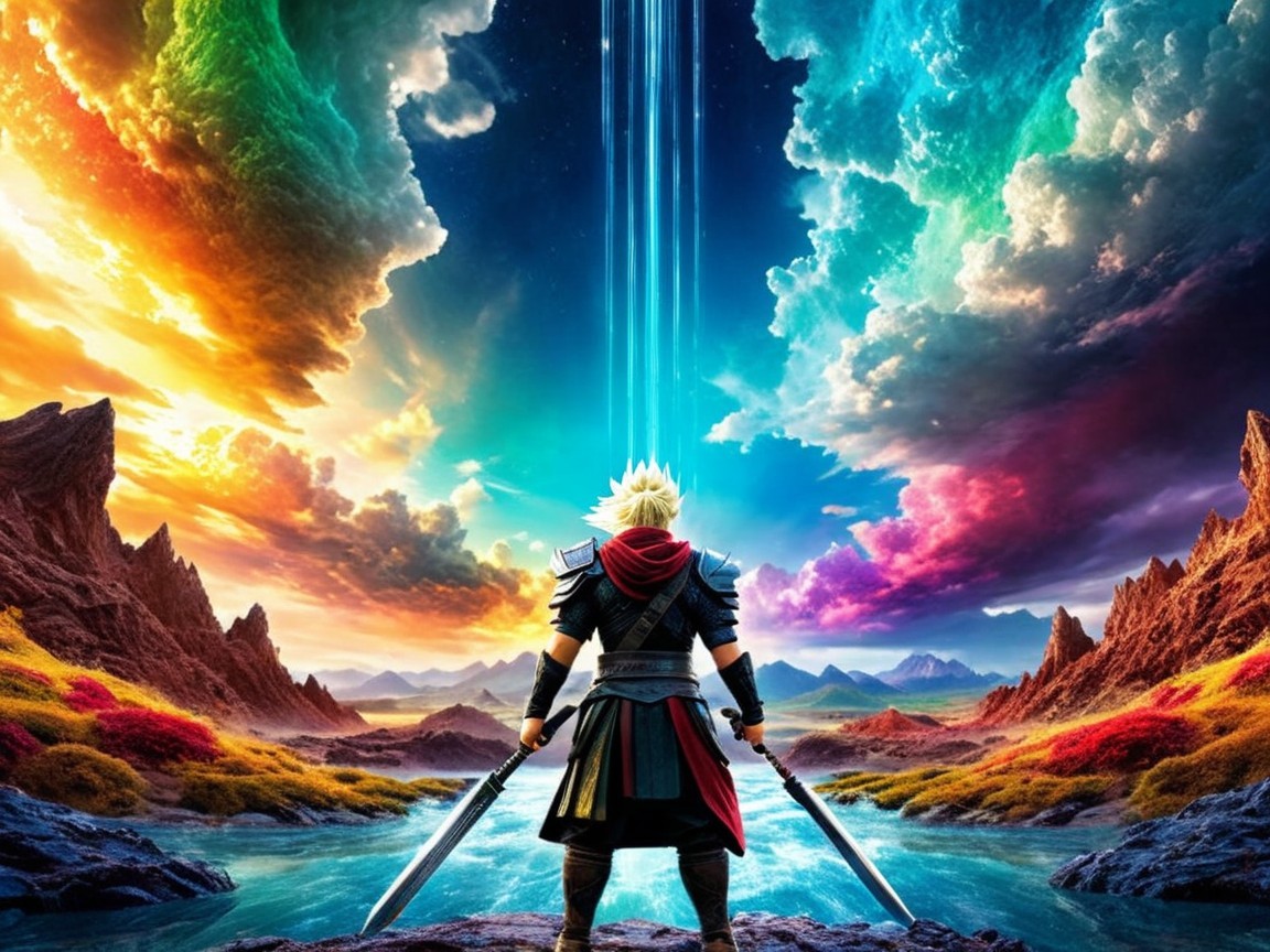Lone Warrior with Dual Swords in Vibrant Landscape