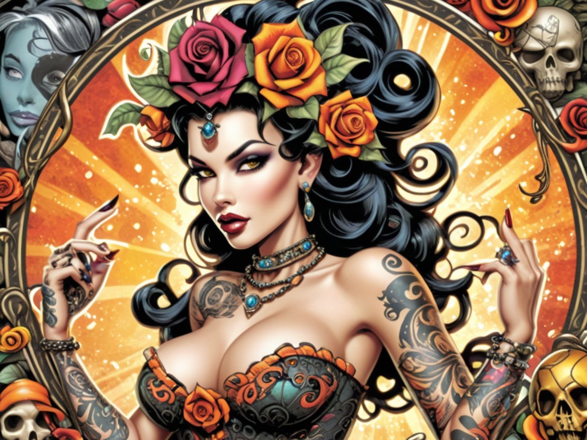 Beautiful woman with black hair and floral elements