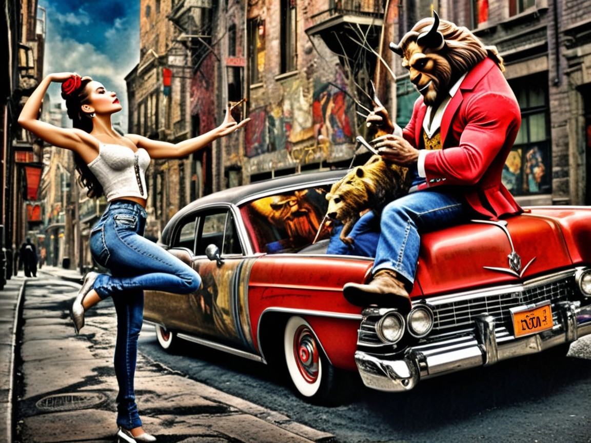 Urban Scene with Woman, Lion, and Bear by Convertible