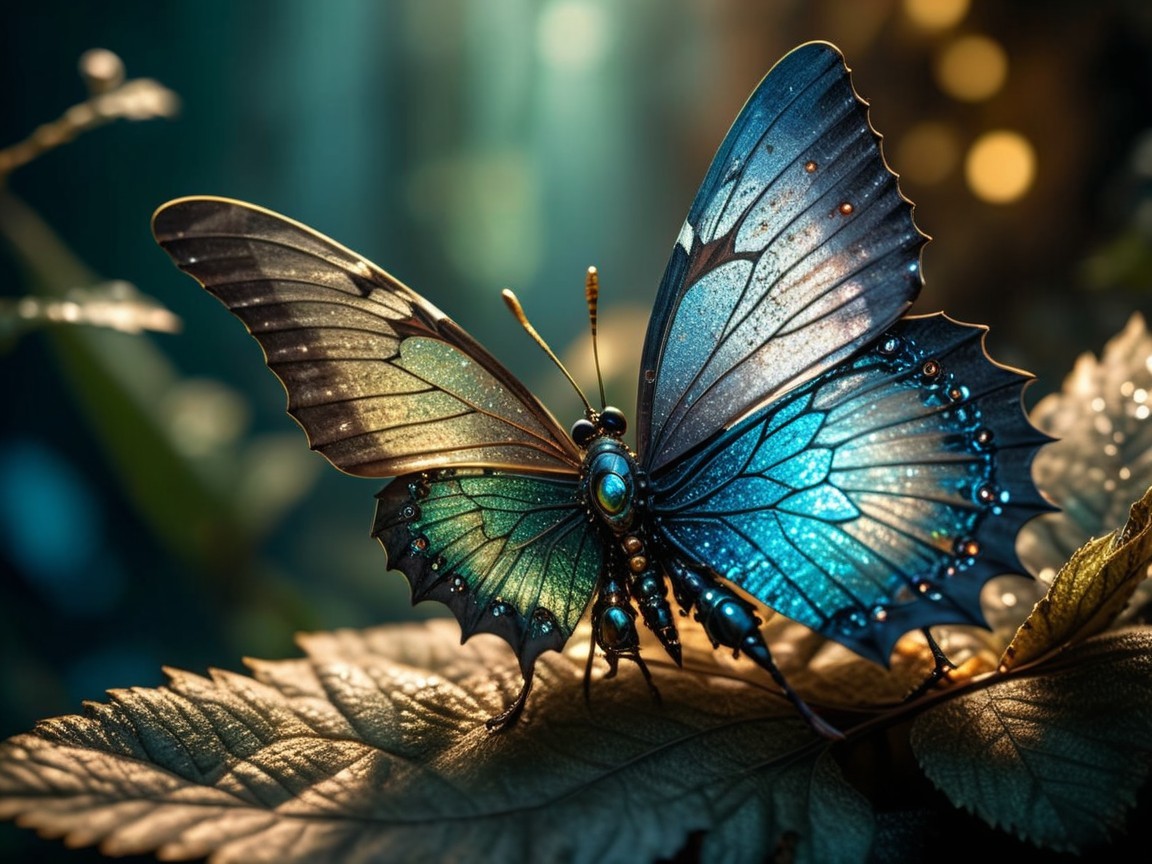 Intricate Butterfly on Leaf with Iridescent Wings
