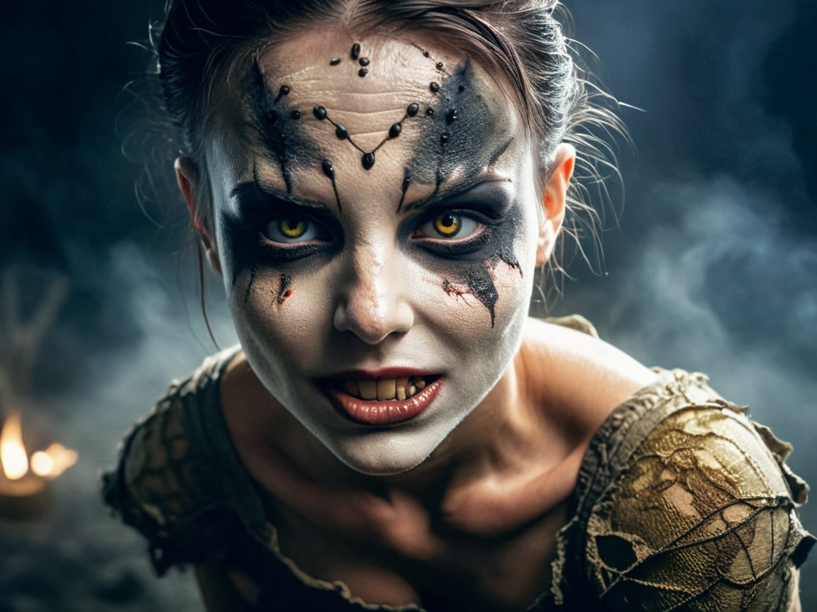 Portrait of a woman with dramatic black and white makeup
