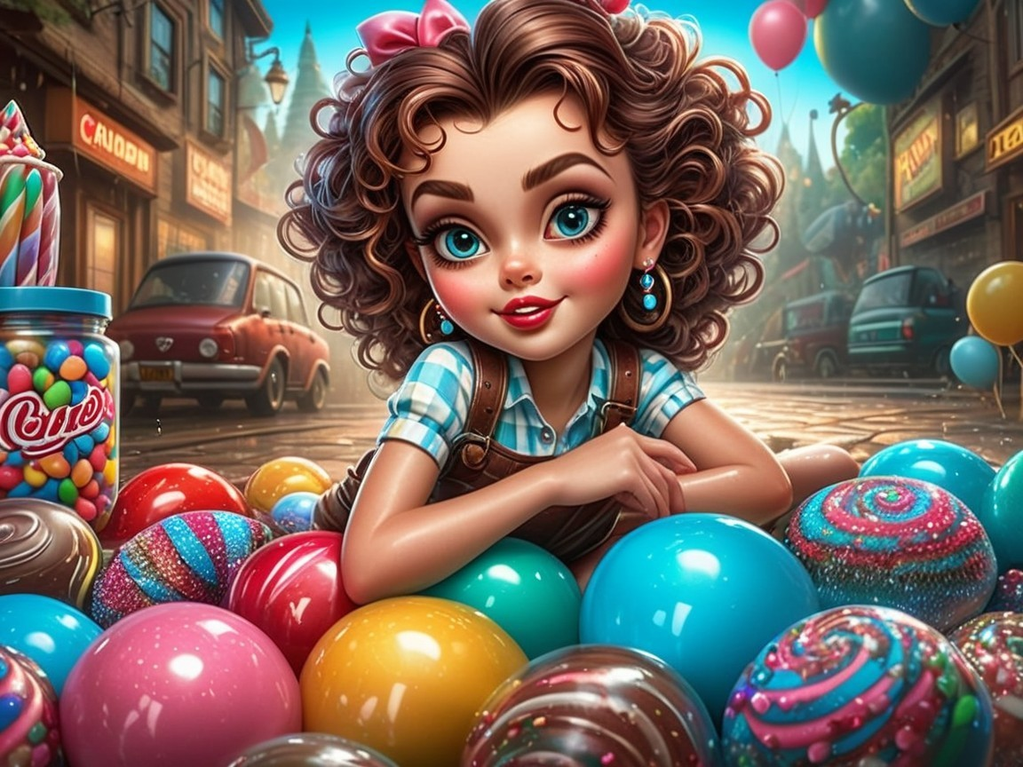 Young Girl Surrounded by Colorful Candies and Vintage Cars