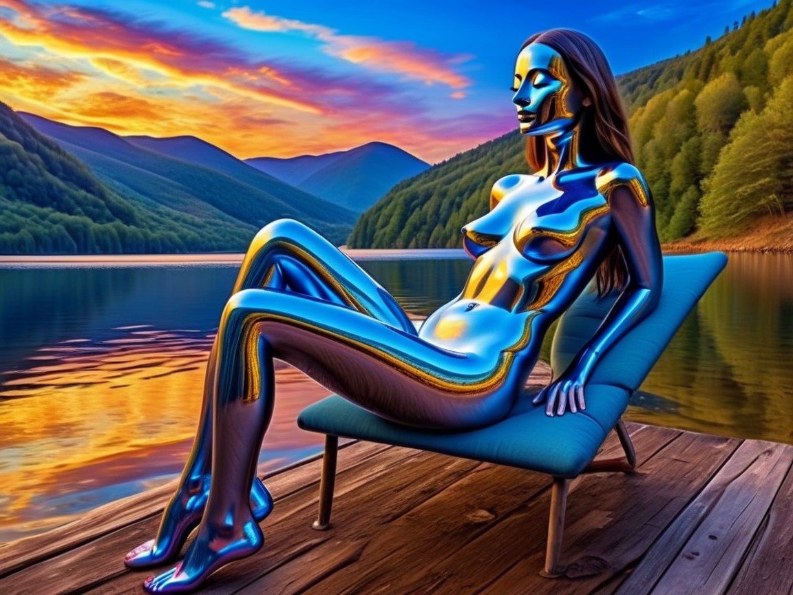 Metallic Figurine on Lounge Chair by Tranquil Lake