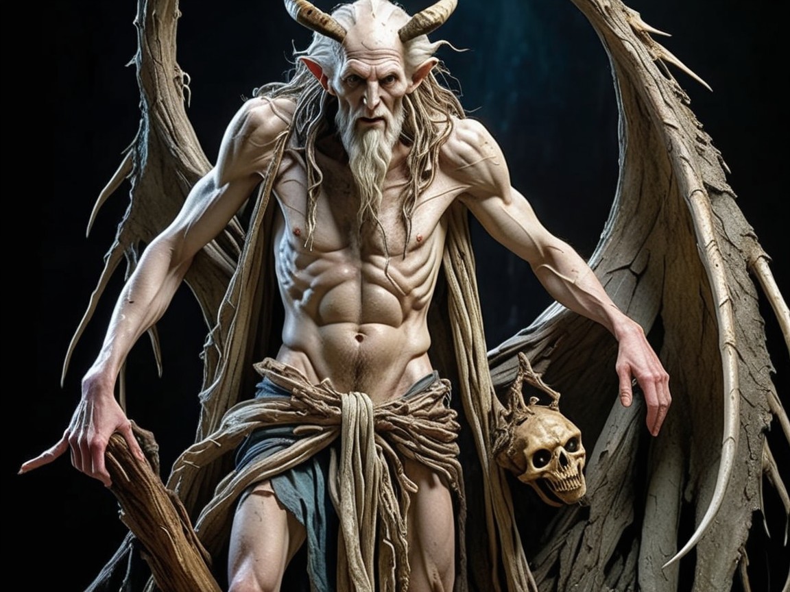 Mythical figure with horns and tattered wings