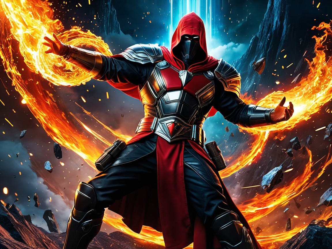 Heroic figure in dark cloak and metallic armor amidst flames