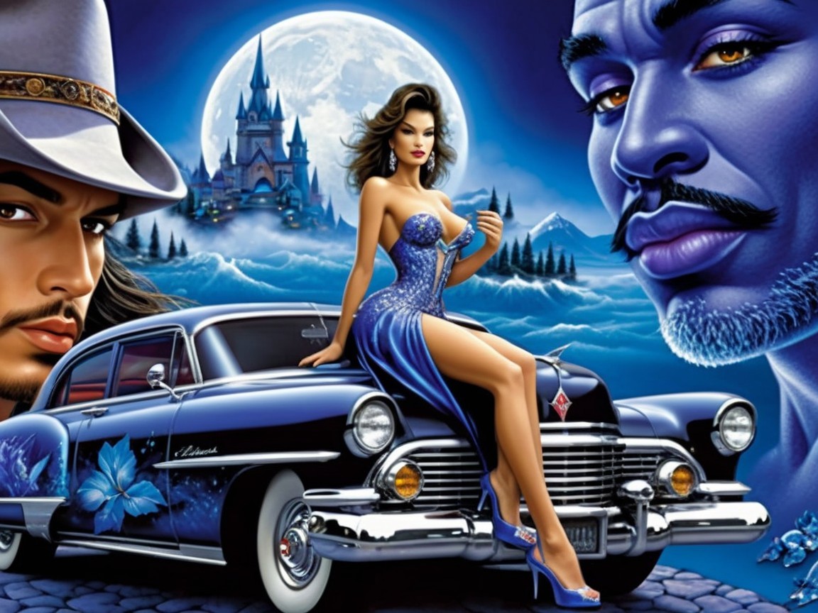 Vibrant Artwork of Classic Car with Mystical Elements