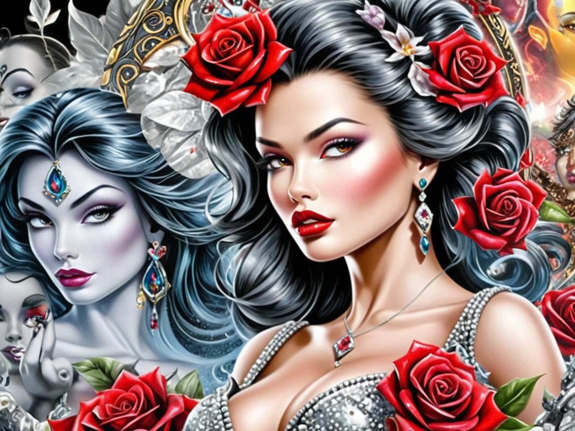 Fantasy Scene with Woman in Silver Dress and Roses