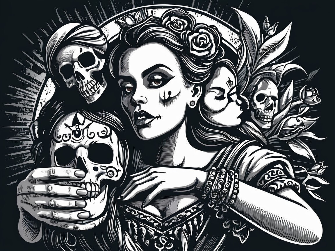 Black-and-white illustration of a female figure with skulls