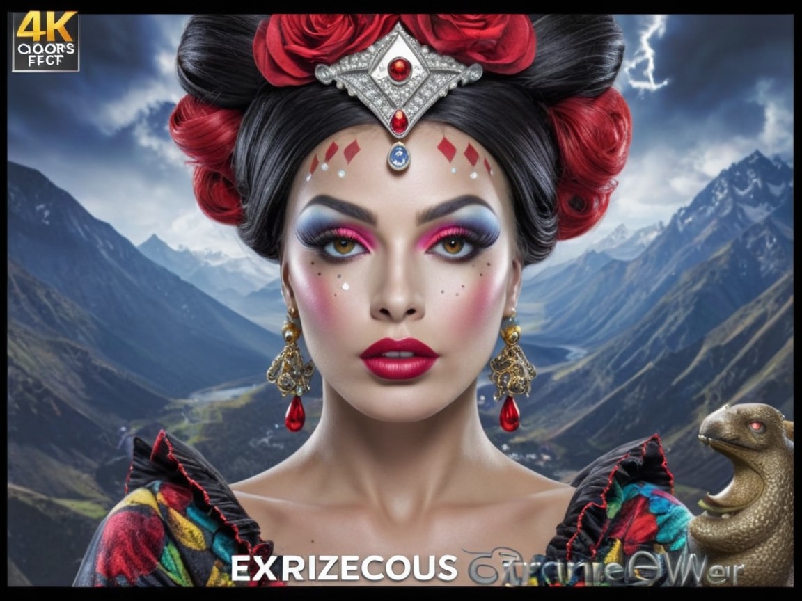 Vibrant Makeup and Traditional Attire Against Mountains