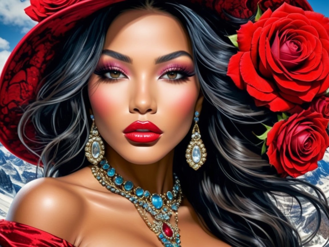 Confident Woman with Red Roses and Mountain Backdrop