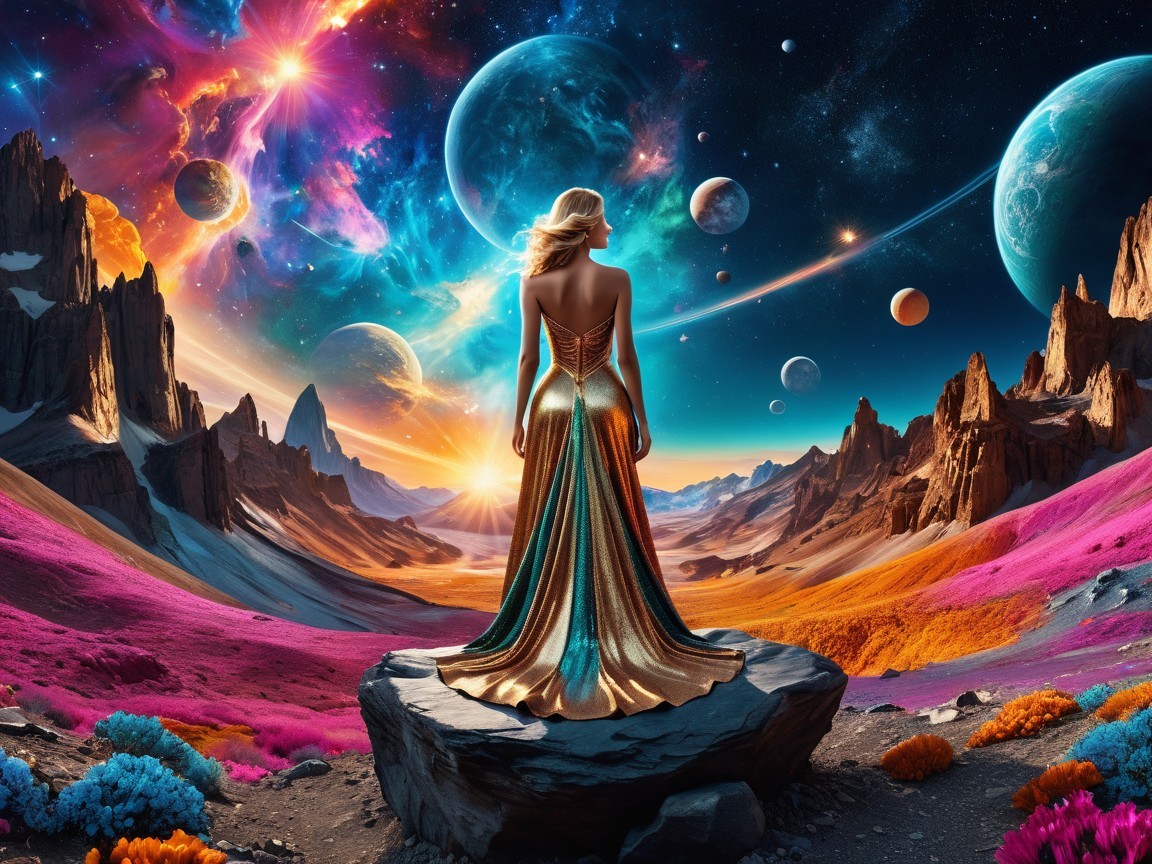 Woman in gold and teal gown amidst cosmic landscape