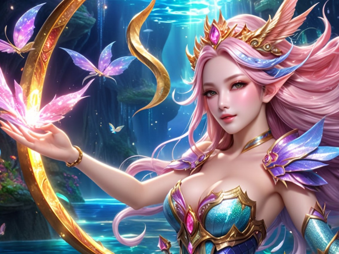 Mystical figure in enchanted forest with butterflies