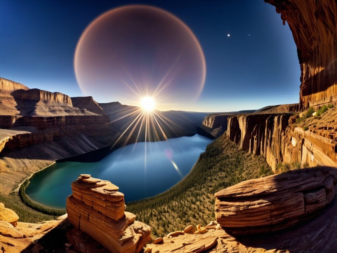 Sunrise Landscape of a Canyon with Shimmering Lake