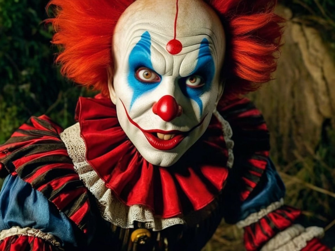 Menacing Clown with Red Hair in Dark Setting