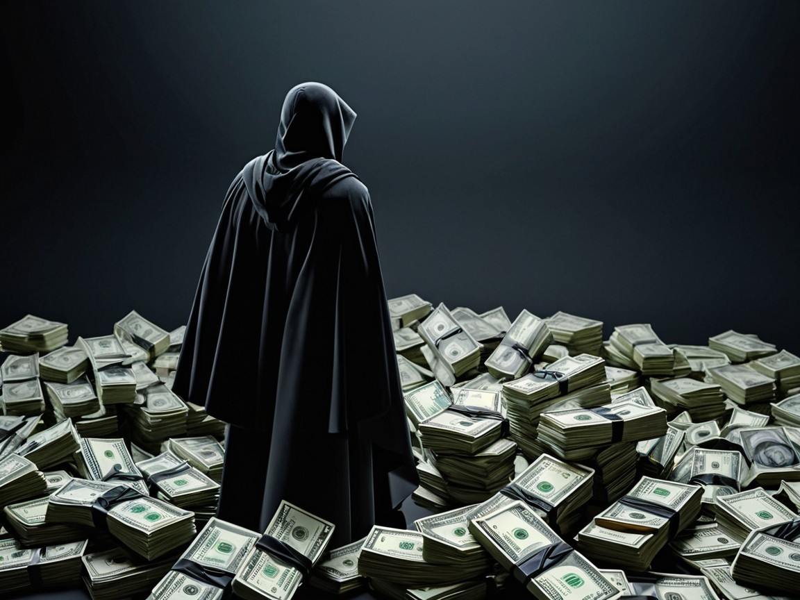 Mysterious Figure Surrounded by Cash in Dark Scene
