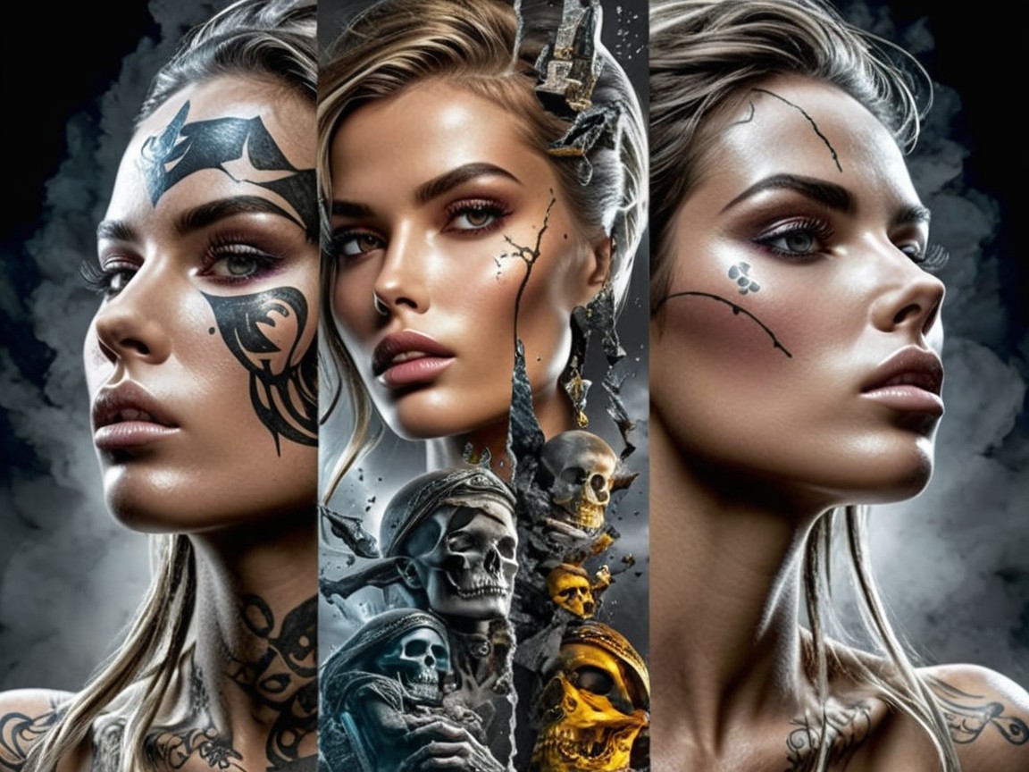 Triptych of a Woman with Intricate Face Tattoos