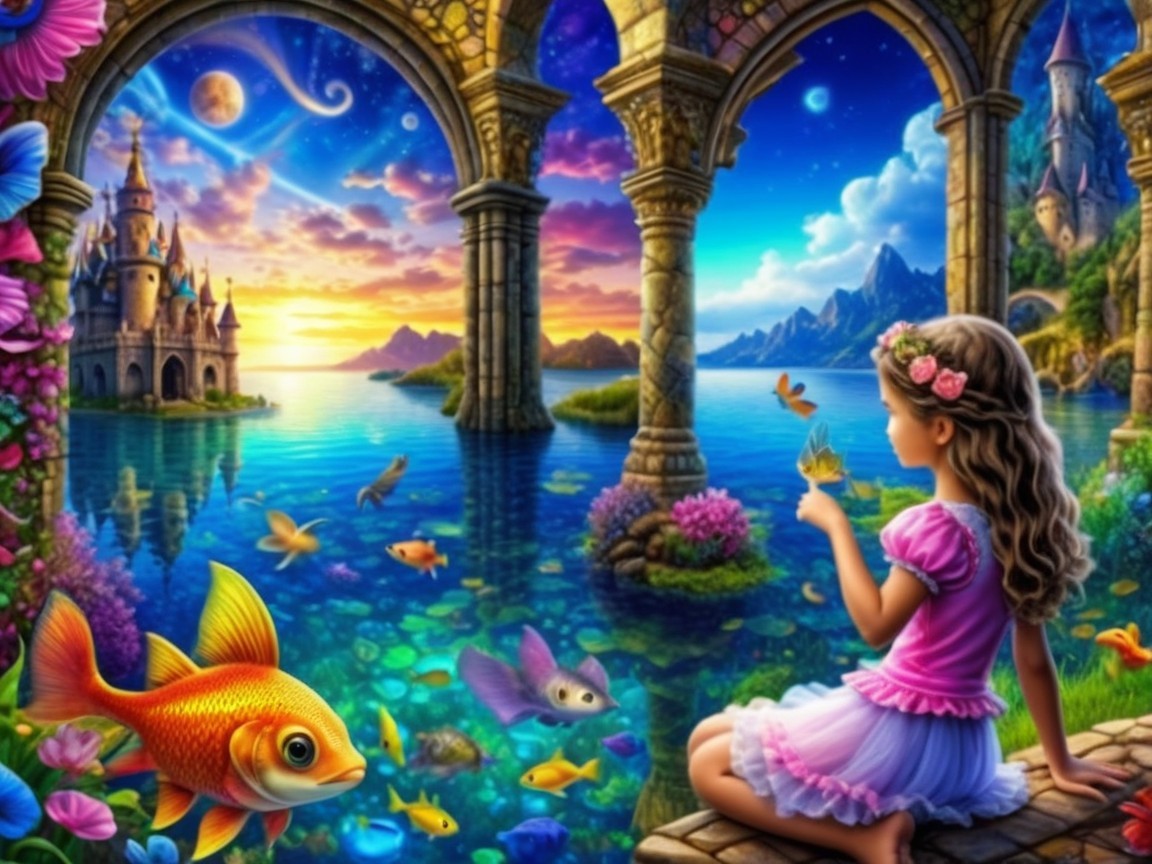 Serene Fantasy Scene of a Girl by a Vibrant Lake