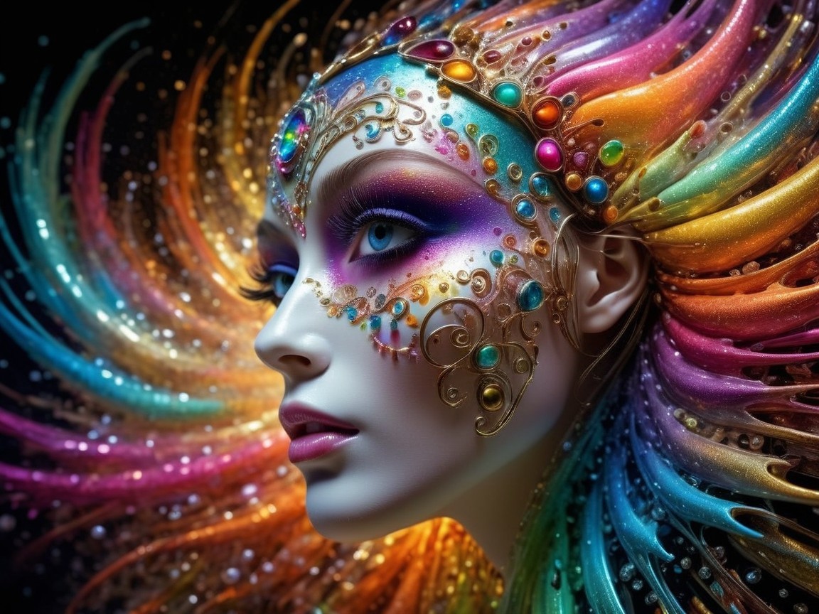 Close-Up of Woman with Colorful Hair and Intricate Makeup