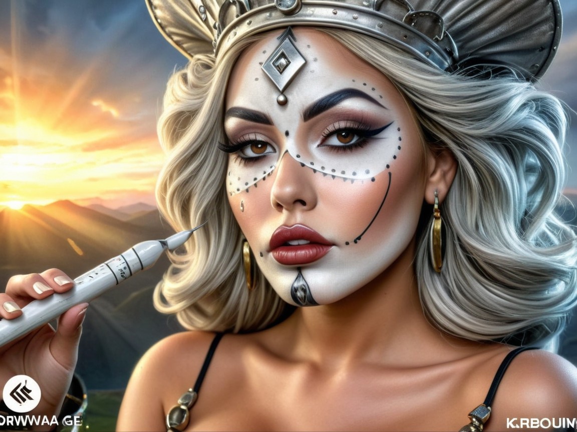 Portrait of a woman with doll-like face paint and sunset