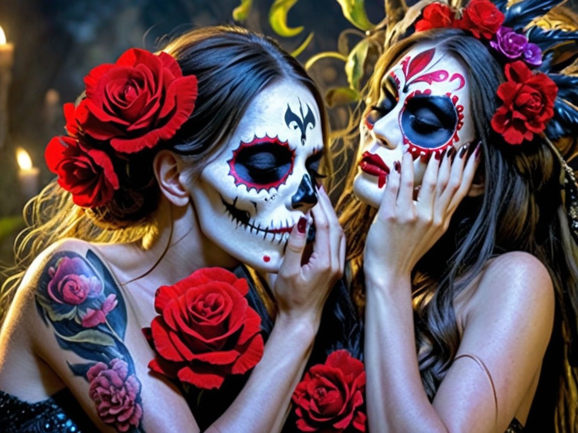 Intricately Painted Skeleton Faces in Dramatic Setting