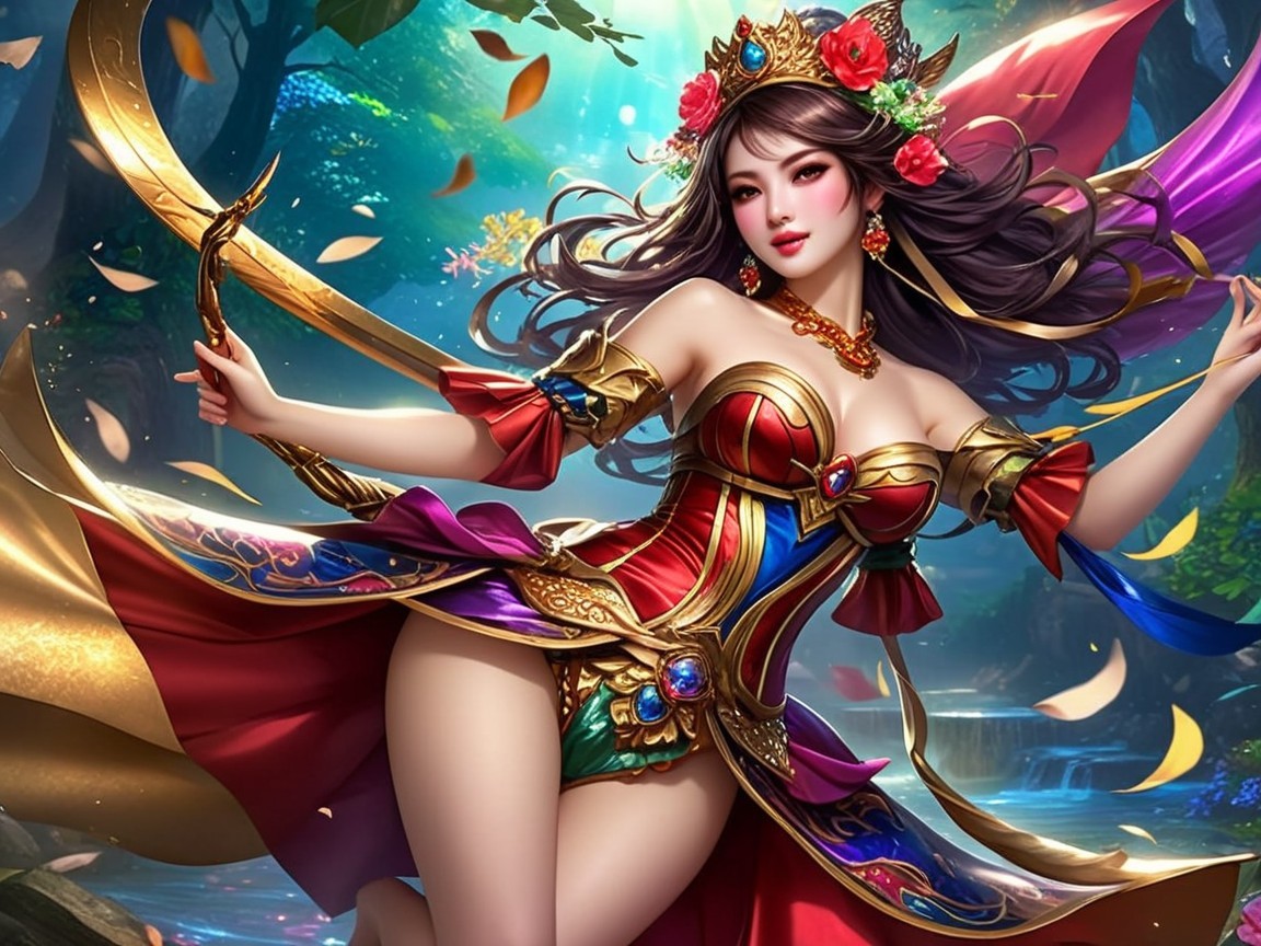 Fantasy Warrior Woman in Colorful Armor in Forest