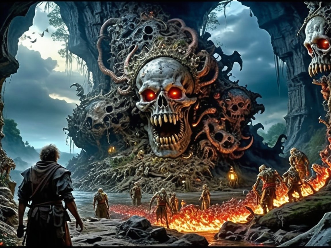 Ominous Skull Landscape with Undead Creatures and Fire