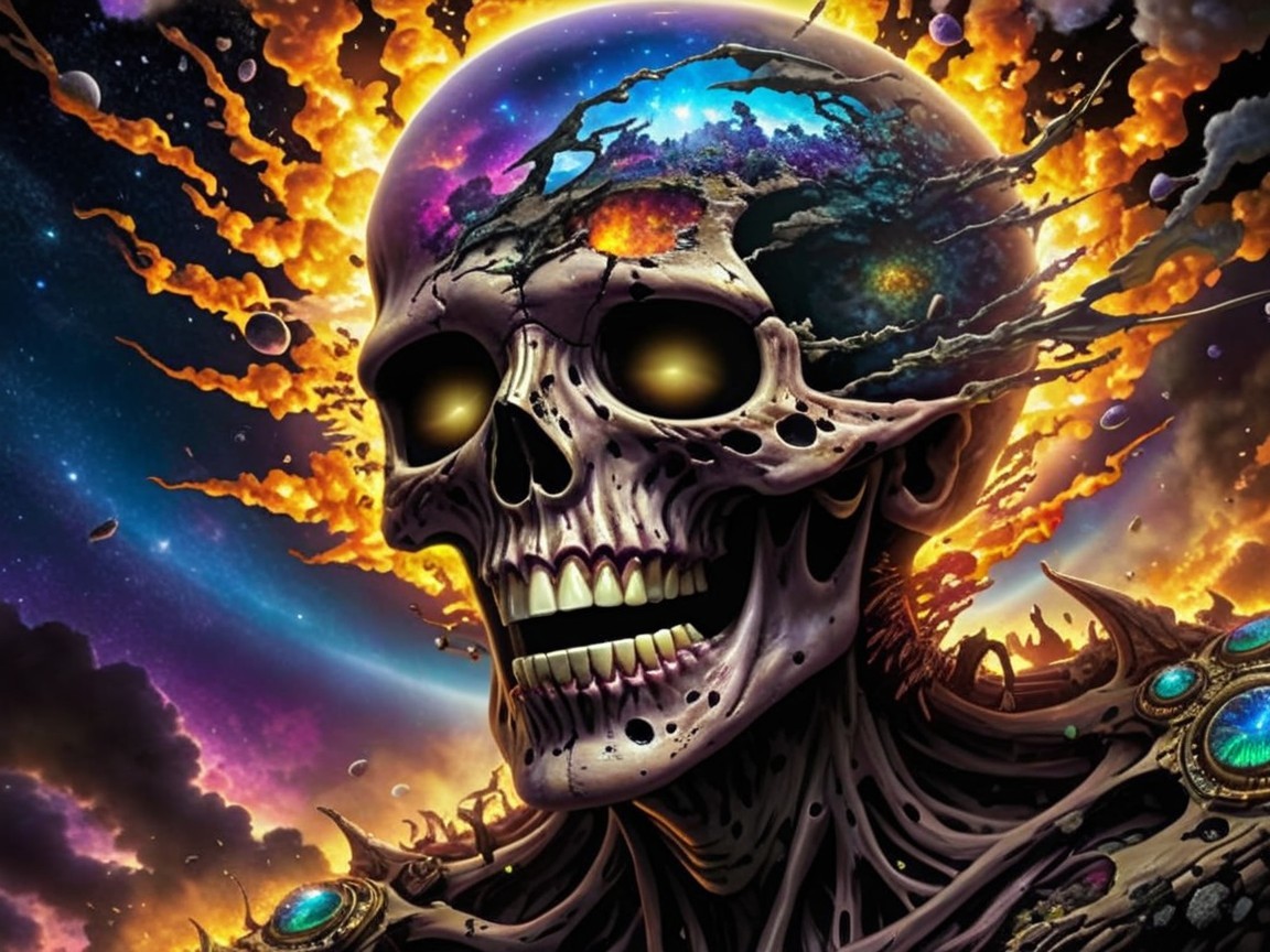 Cosmic Skull Surrounded by Colorful Nebulae and Stars
