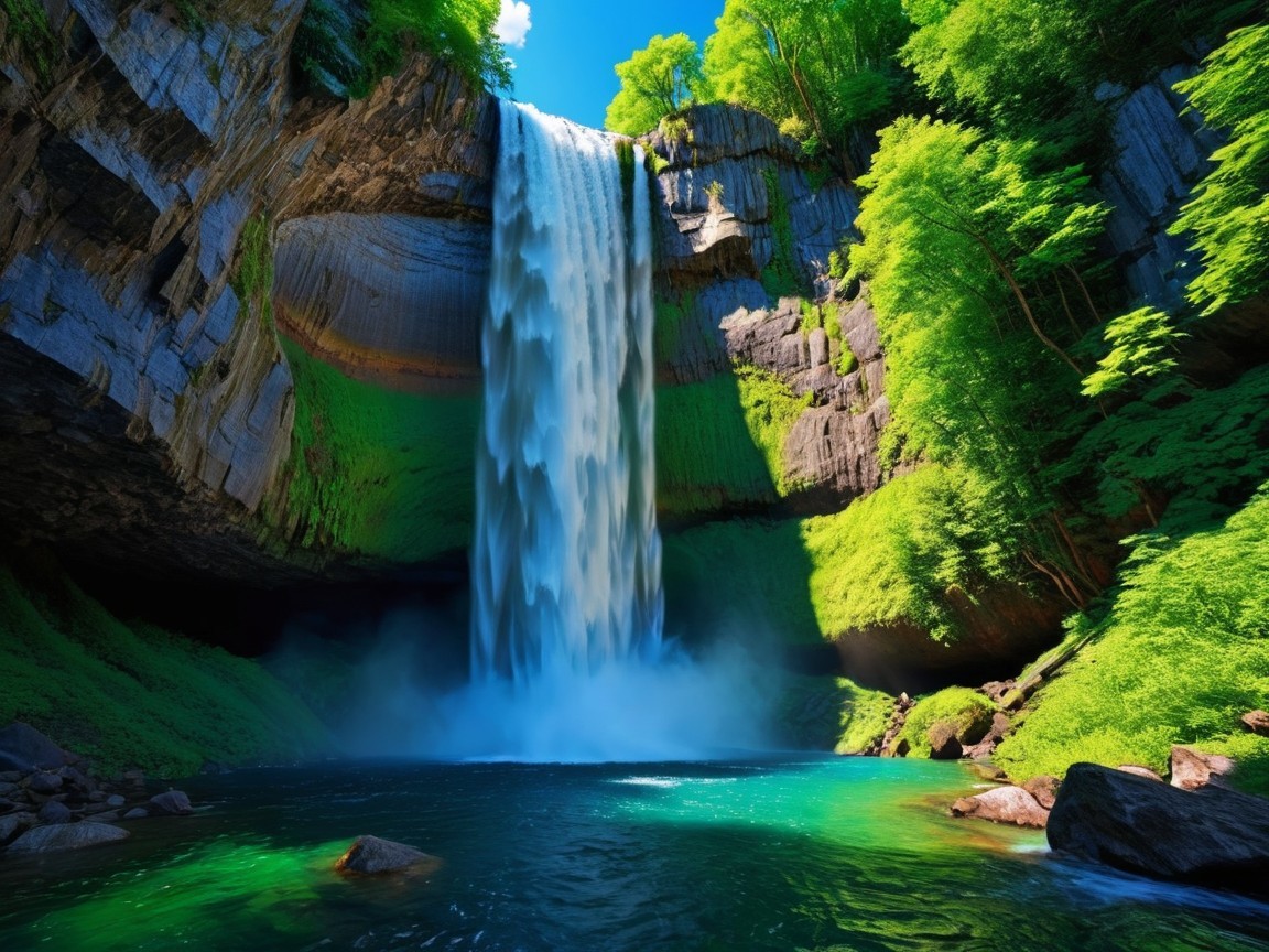 Cascading Waterfall Surrounded by Lush Greenery