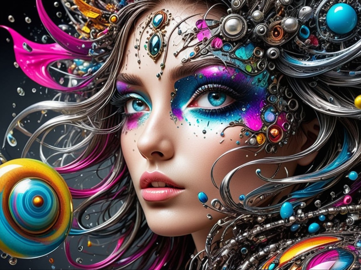 Portrait of a Woman with Cosmic Elements and Vibrant Hair