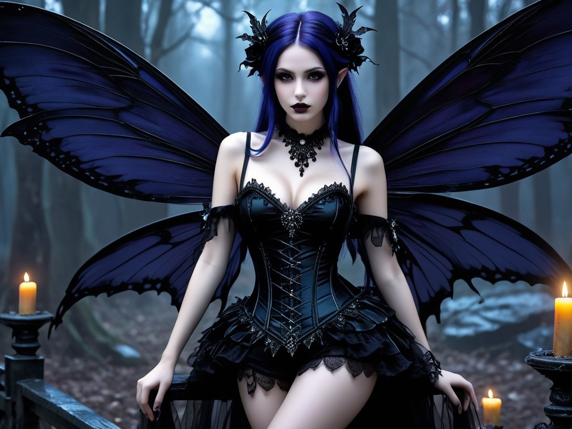 Fairy in Mystical Forest with Dark Purple Wings