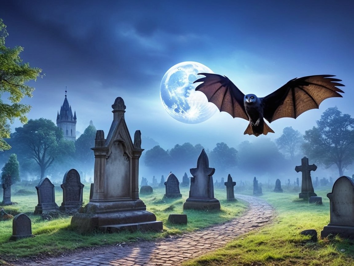 Mystical graveyard with moonlit tombstones and bats