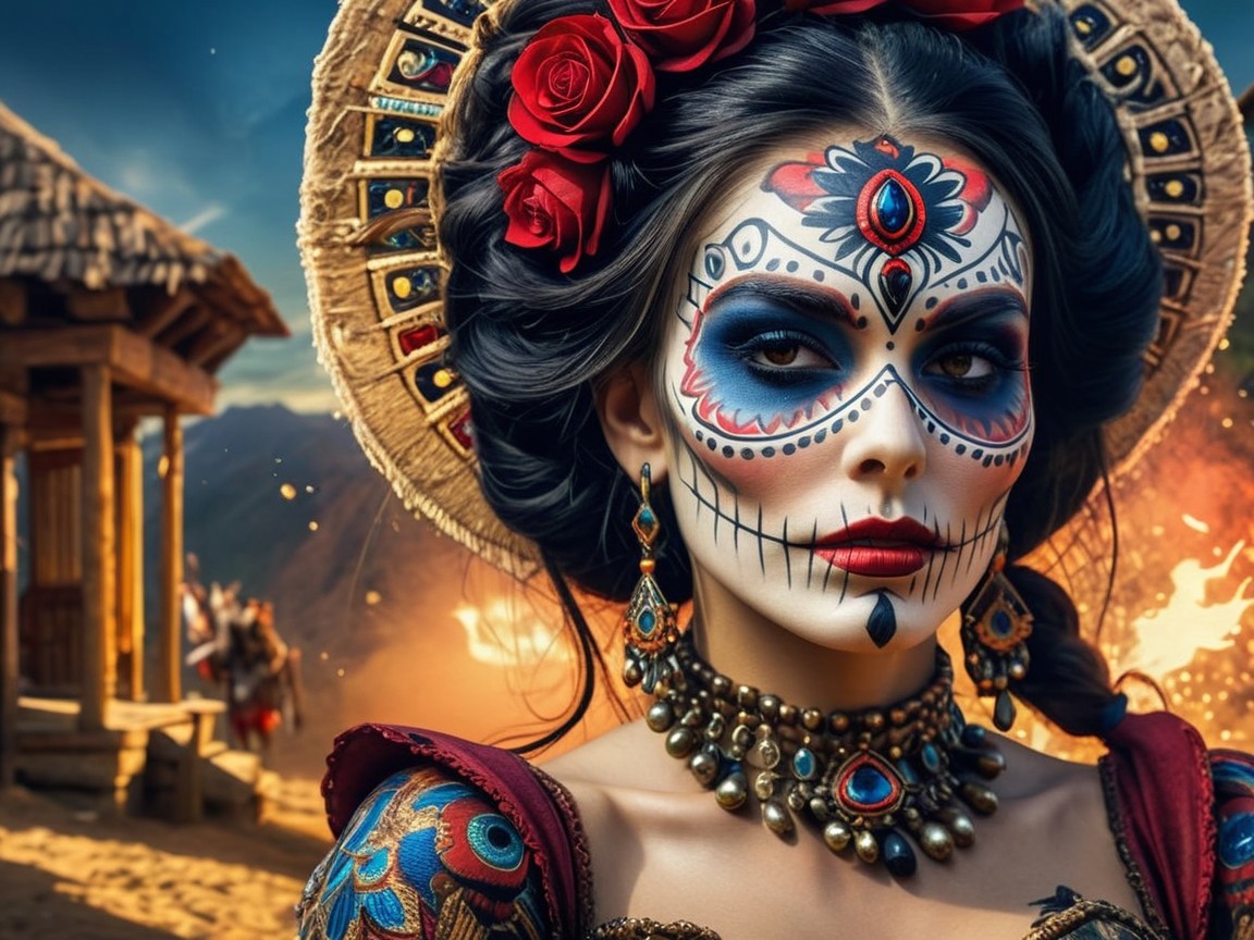 Woman with Sugar Skull Makeup and Floral Accents