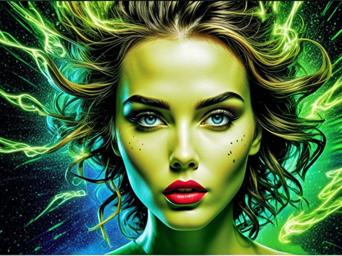 Portrait of a Woman with Green Skin and Blue Eyes