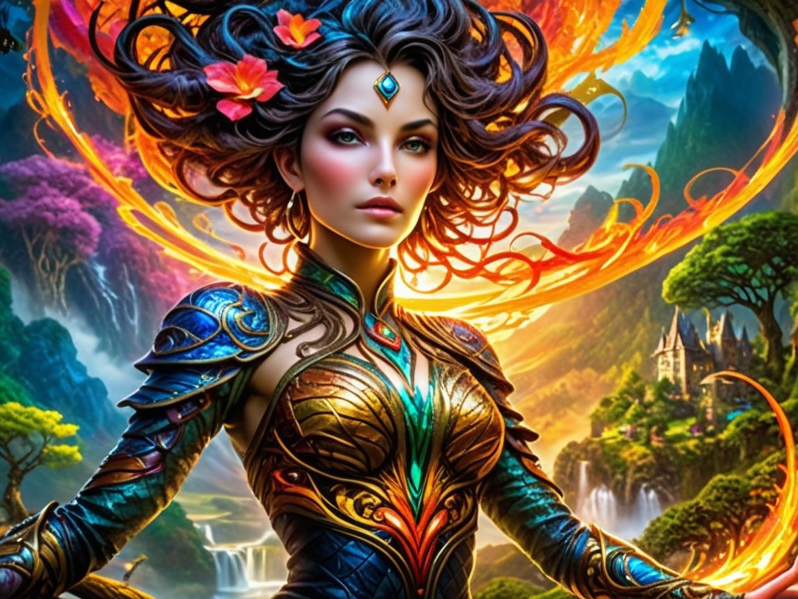 Mystical female figure in ornate armor in fantasy landscape