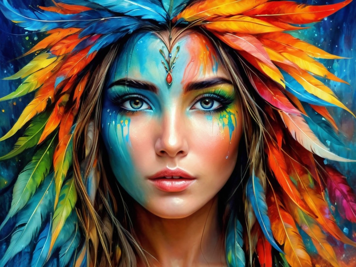 Portrait of a Young Woman with Colorful Feathers