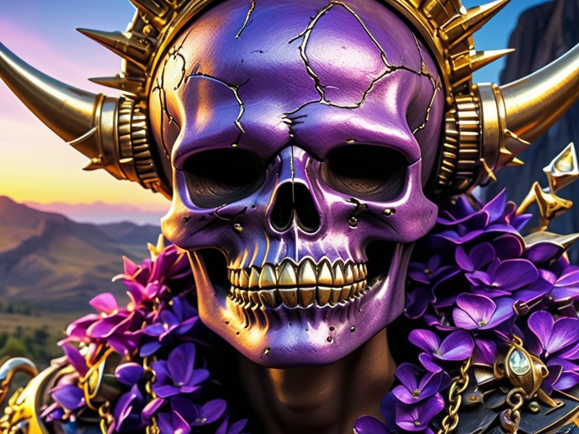 Vibrant Purple Skull with Golden Accents and Flowers
