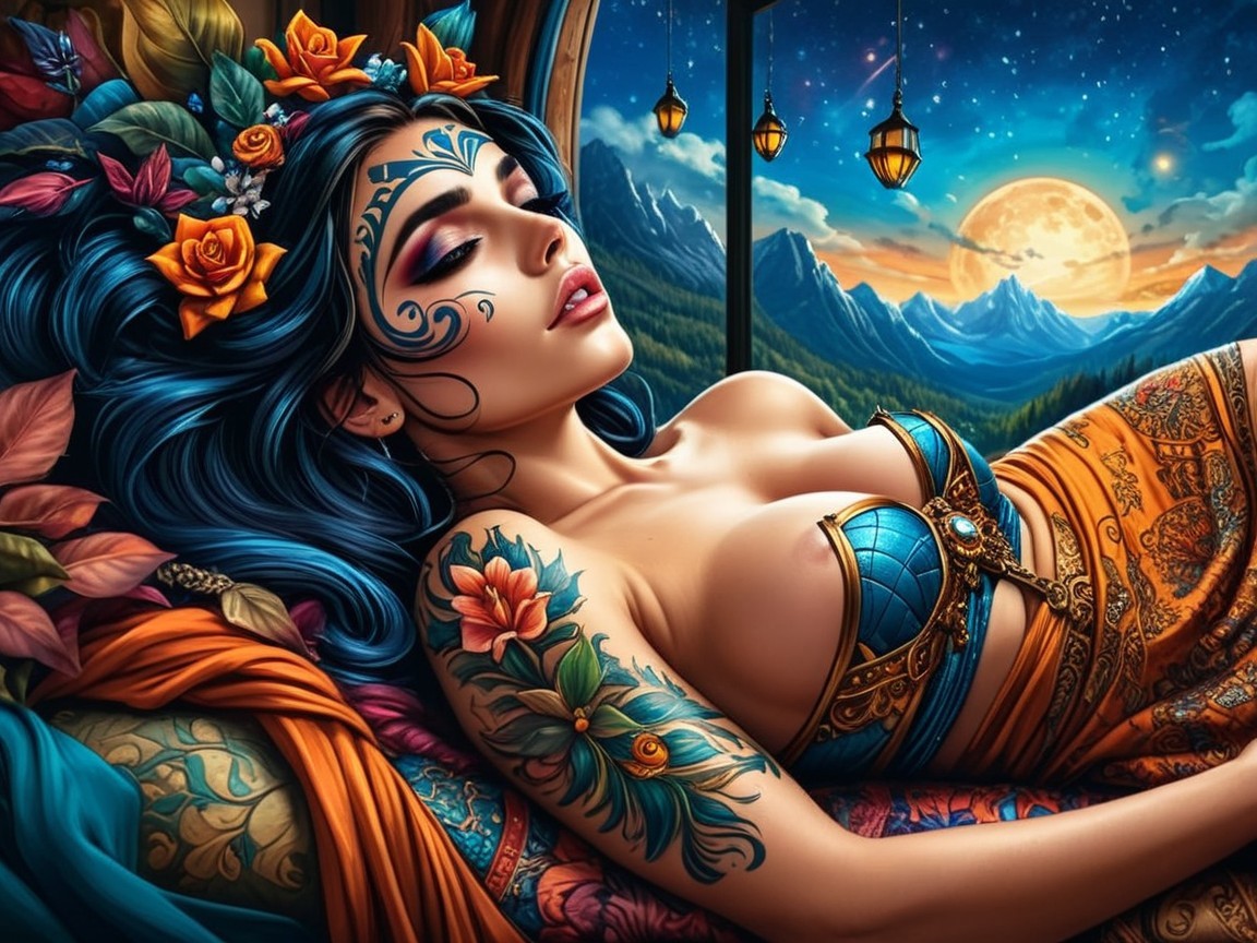 Serene Woman on Colorful Cushion in Moonlit Landscape