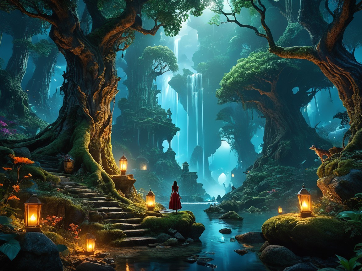 Mystical Forest with Red Cloak and Tranquil River