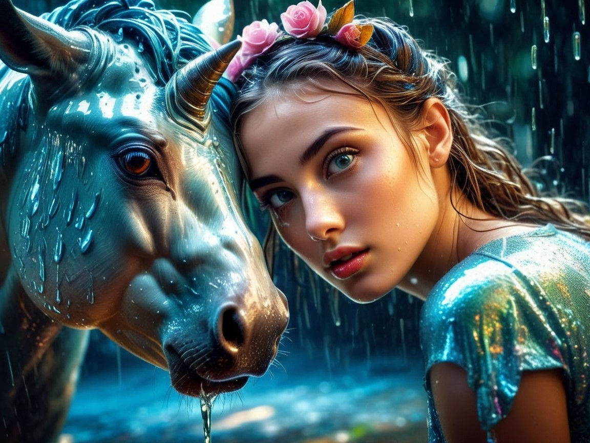 Close-Up of Young Woman with Unicorn in Magical Forest