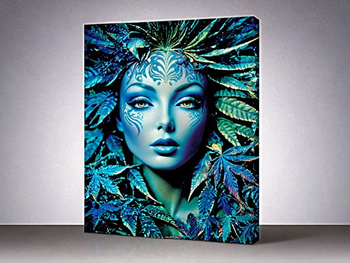 Female figure with blue skin among green leaves