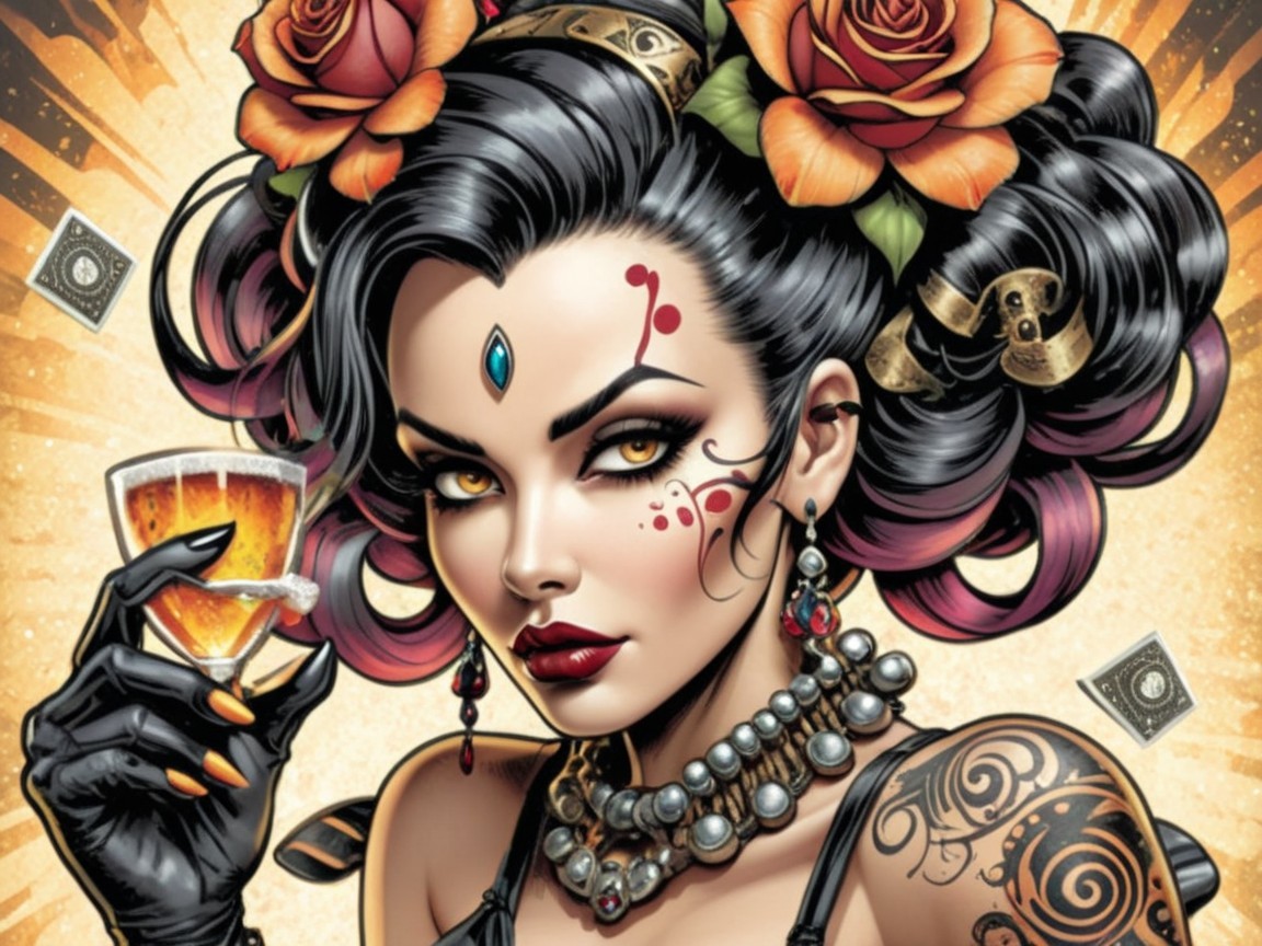 Tattooed Woman with Roses and Bold Makeup Features
