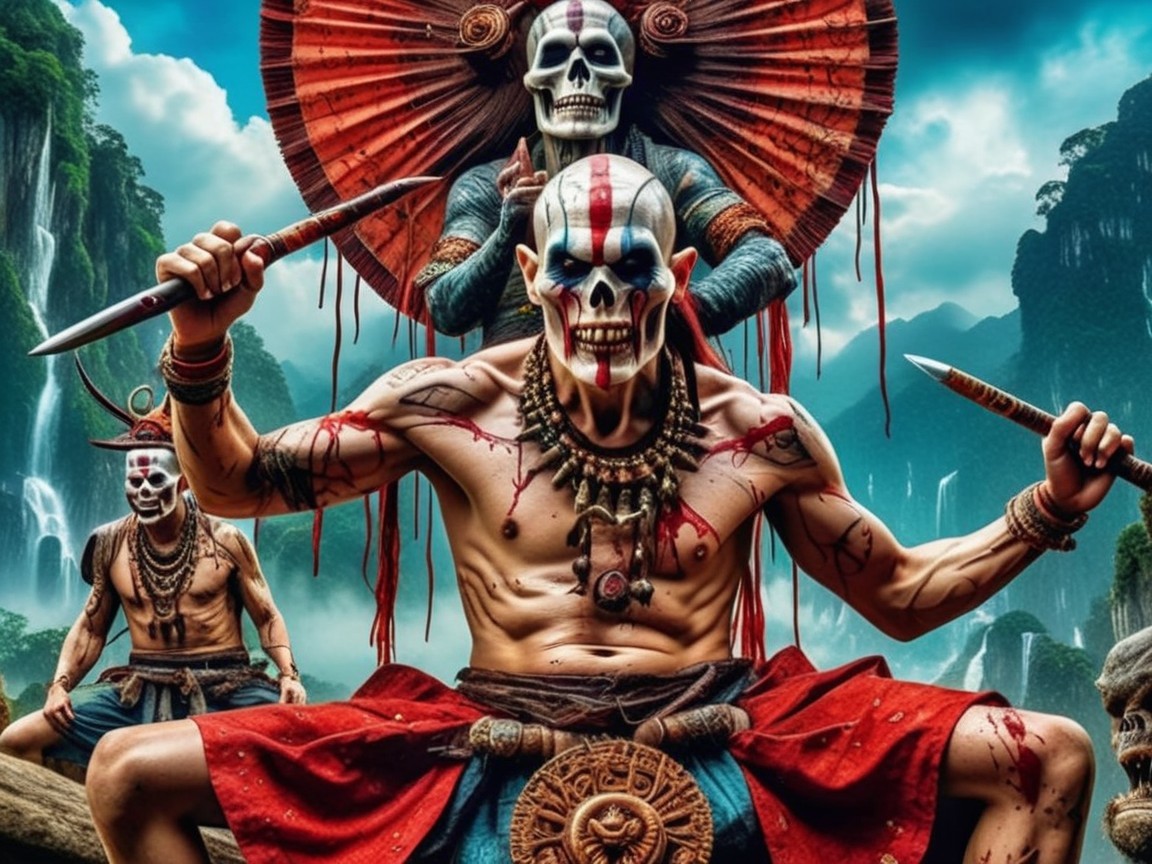 Dramatic Scene of Warriors in Tribal Attire and Masks