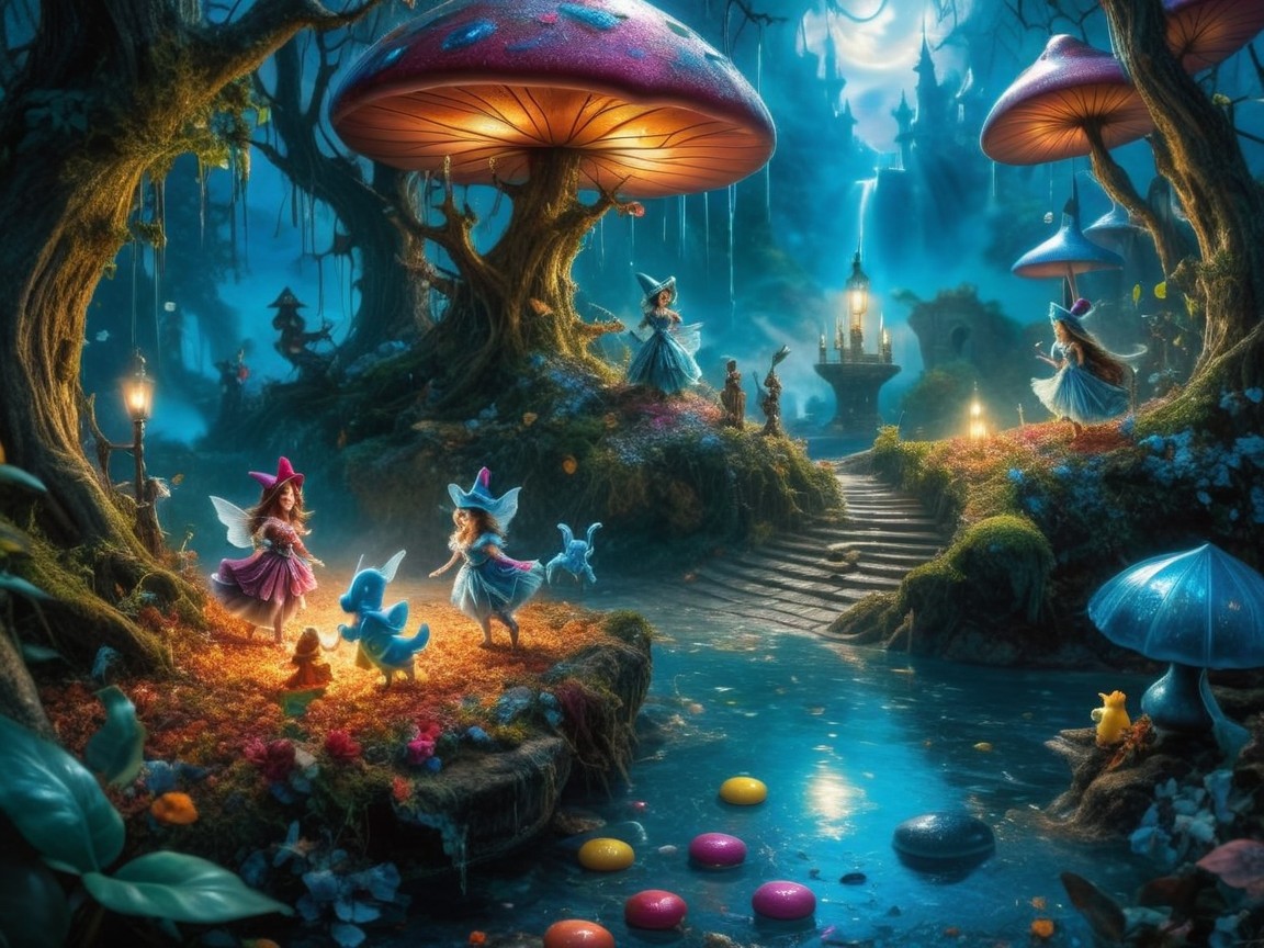 Magical forest with fairies, glowing mushrooms, and stream