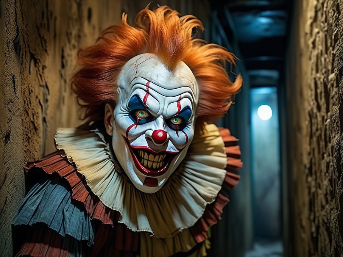 Menacing Clown in Dimly Lit Corridor Scene