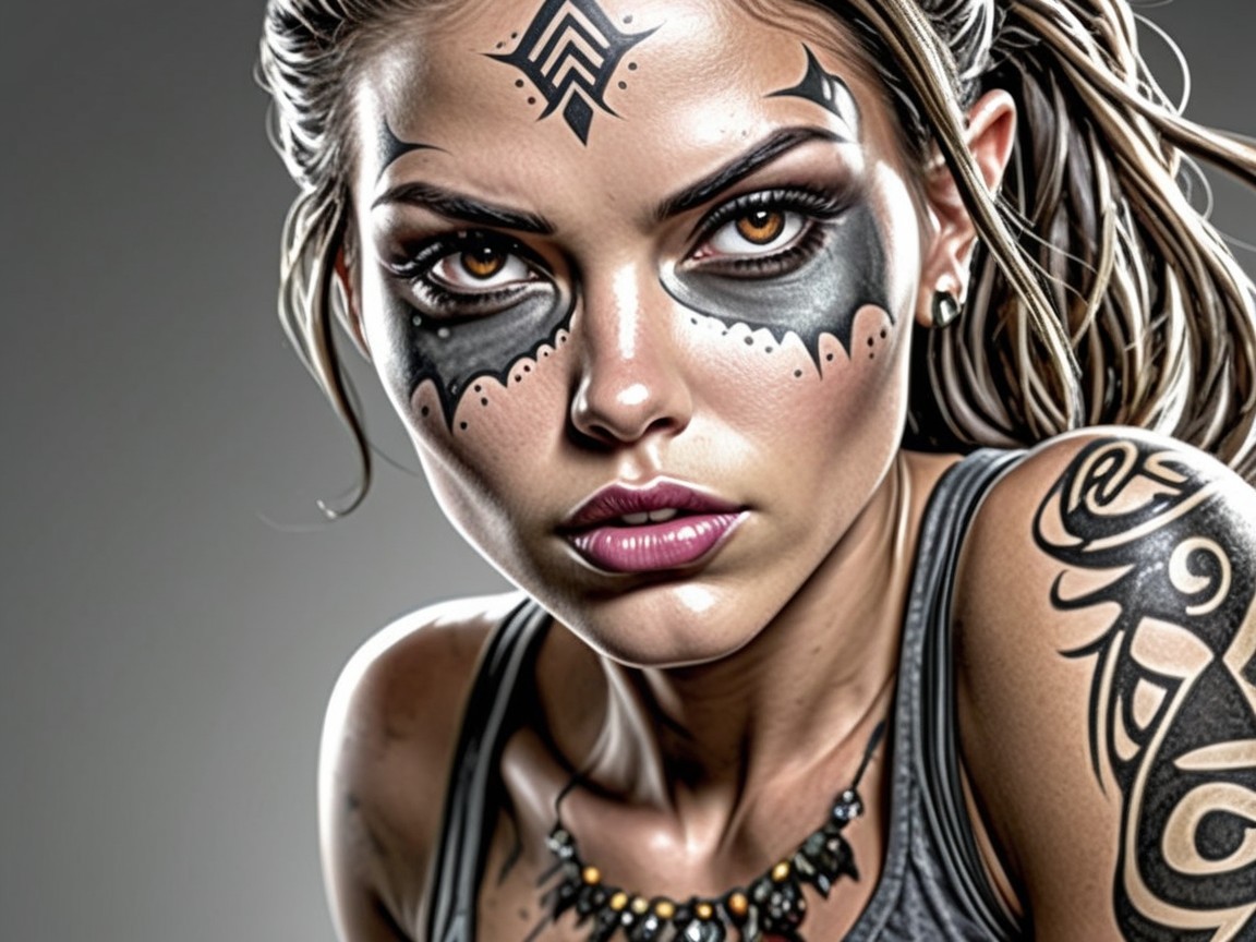 Young Woman with Tribal Face Tattoos and Body Art