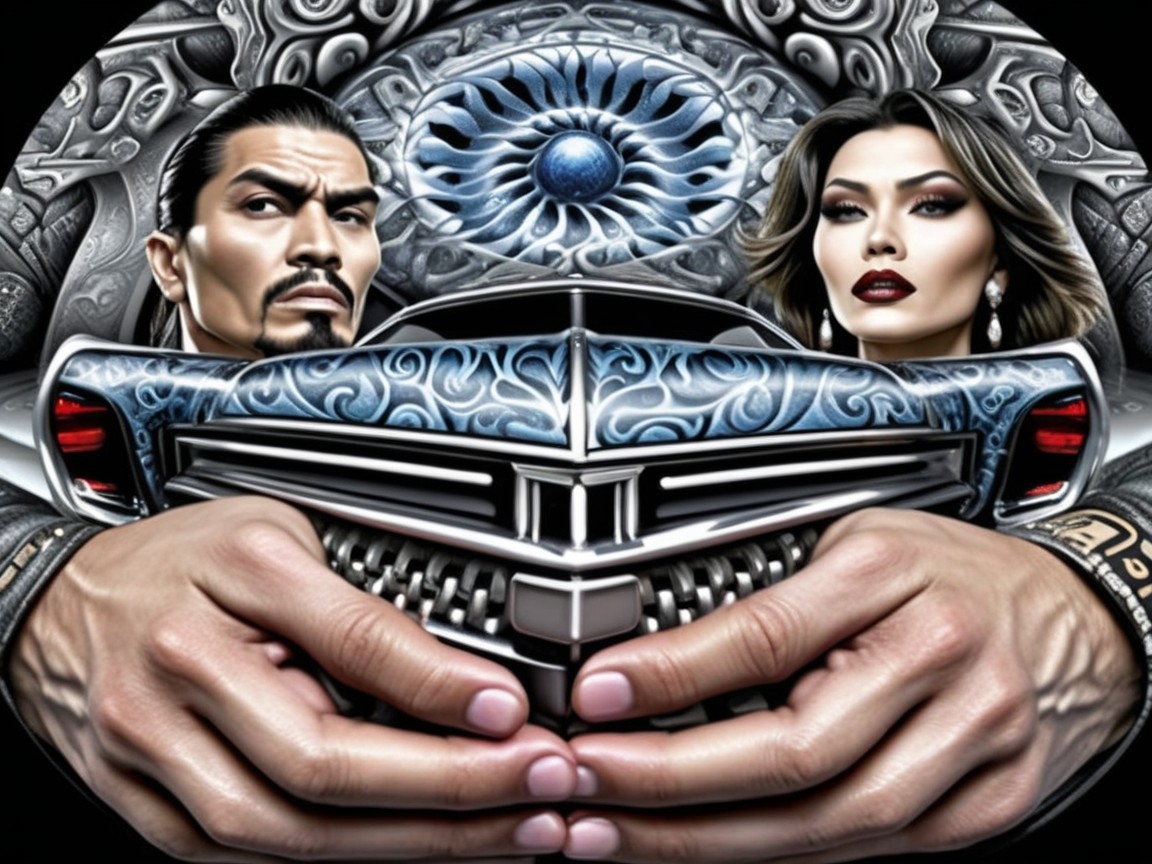 Stylized Illustration of Figures with Car Grill Design