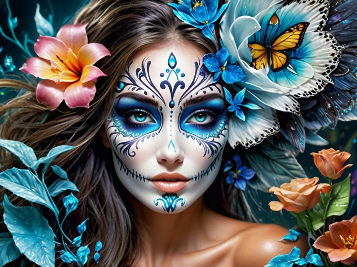 Woman with Sugar Skull Makeup Surrounded by Flowers
