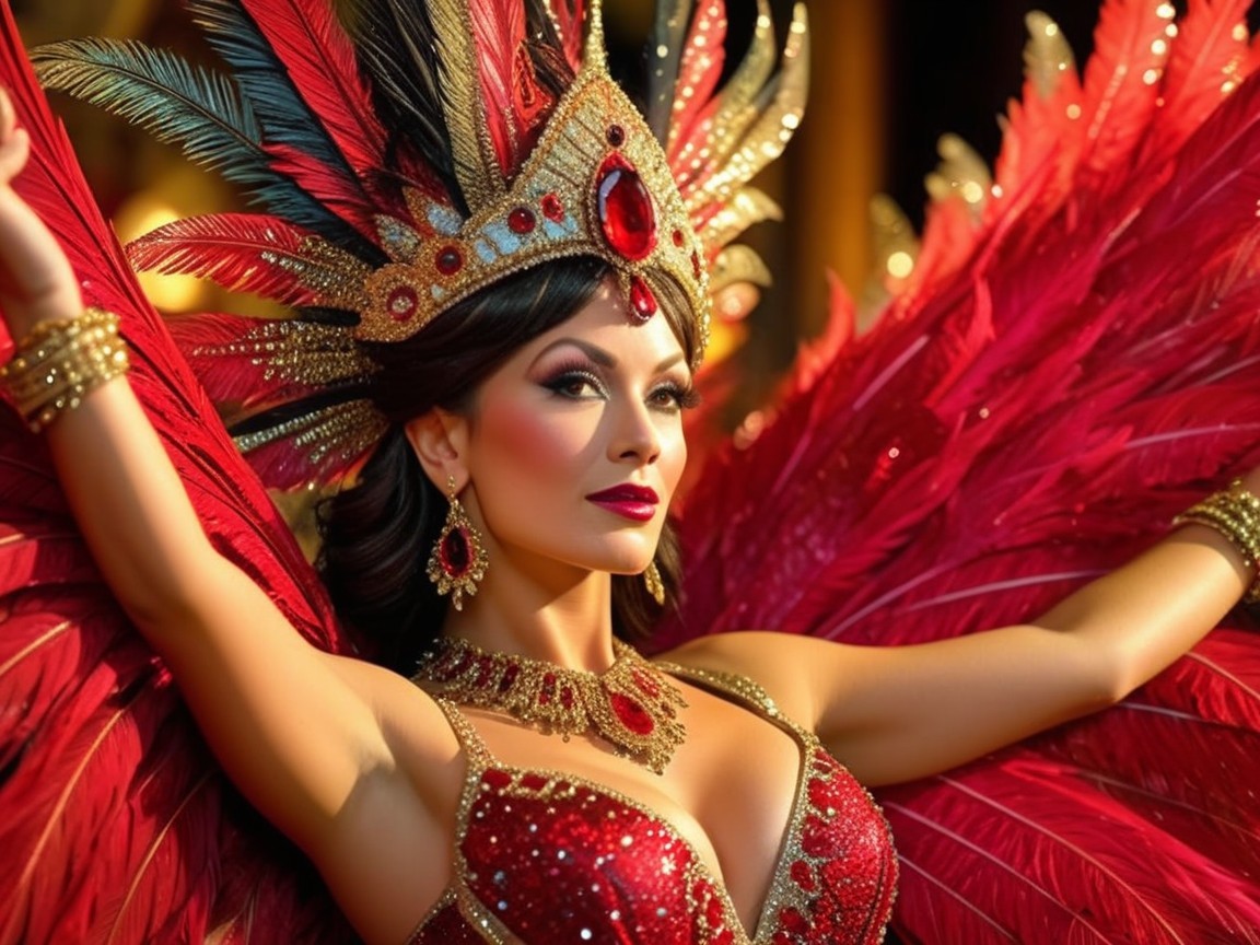 Striking Costume with Red Feathers and Gems Displayed